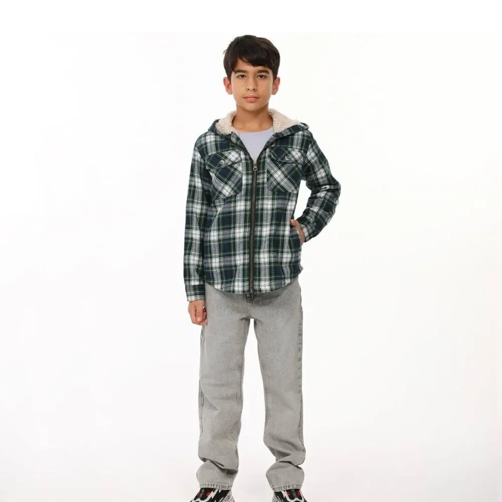 ThCreasa Boys Plaid Flannel‎ Sherpa Zip Up LS Jacket Green L (10-12) NWT IN PKG